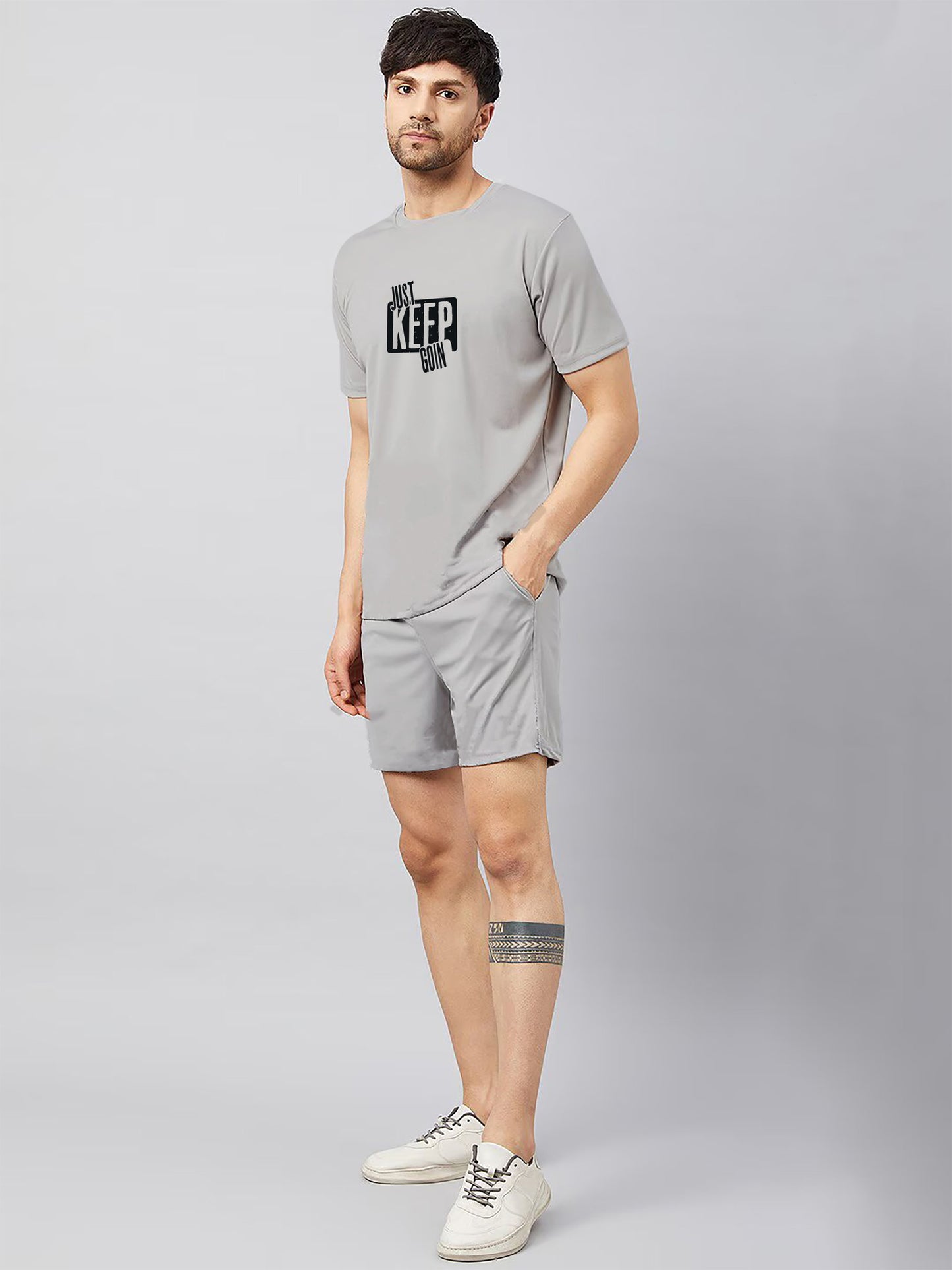 Grey Plain T Shirt Half Sleeve And Shorts With Pocket