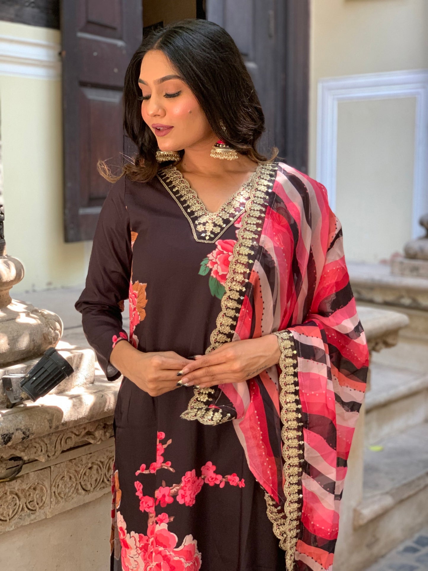 Designer  Floral Kurta Set with Bottom and Dupatta