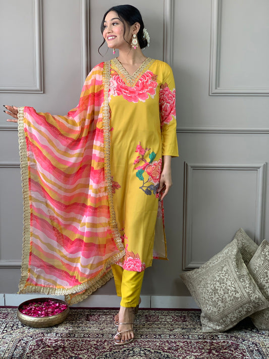 Designer Floral Kurta Set with Bottom and Dupatta