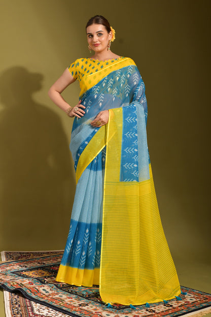 Designer Saree  With All Over Digital Print Zari Patta Borders