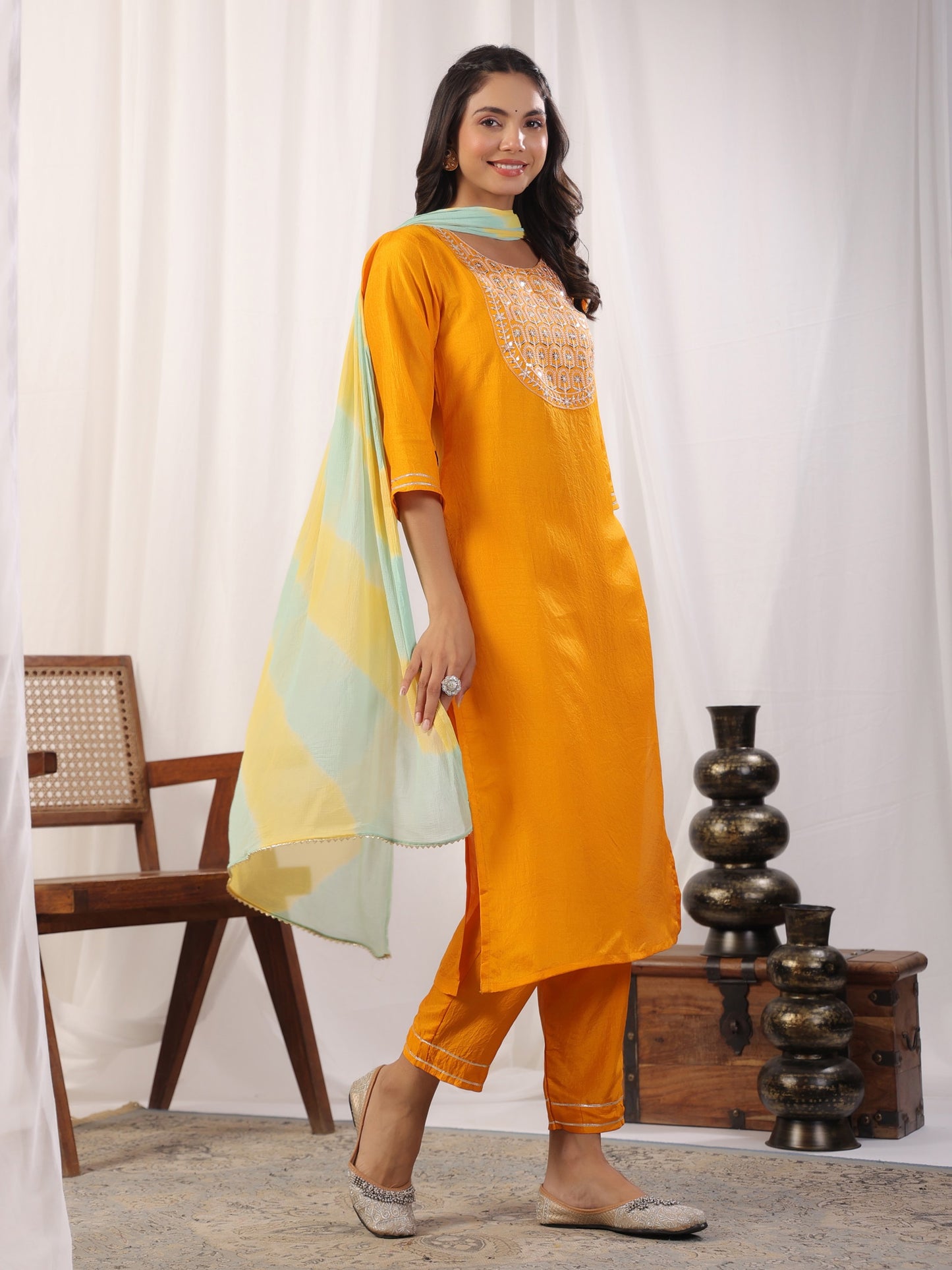 Yellow Embroidered Kurta with Trousers with Dupatta