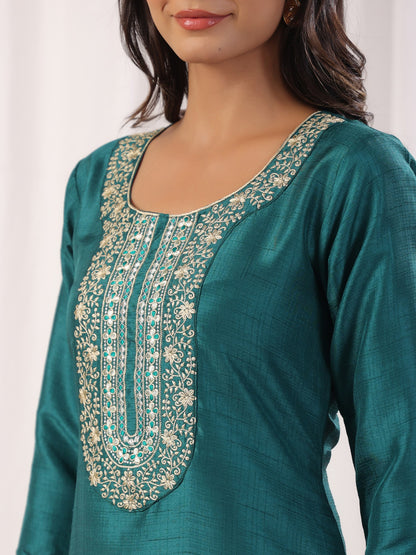 Teal Embroidered Straight Kurta Paired With Bottom and Dupatta