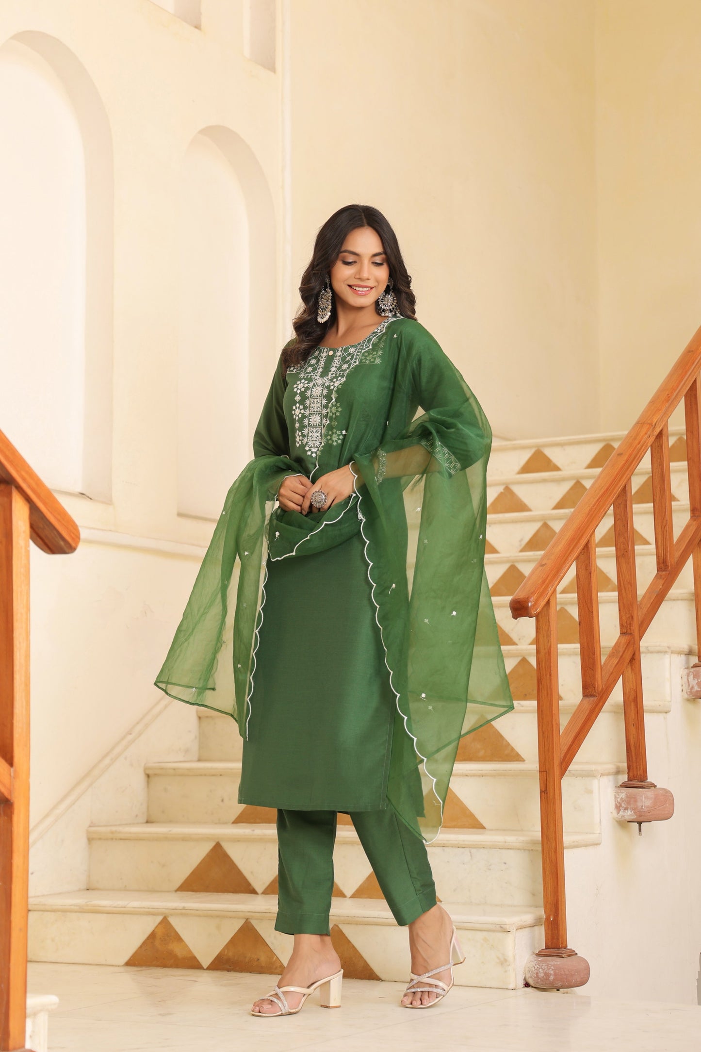 Green Simple Embroidered Kurta set With Bottom Wear and Dupatta