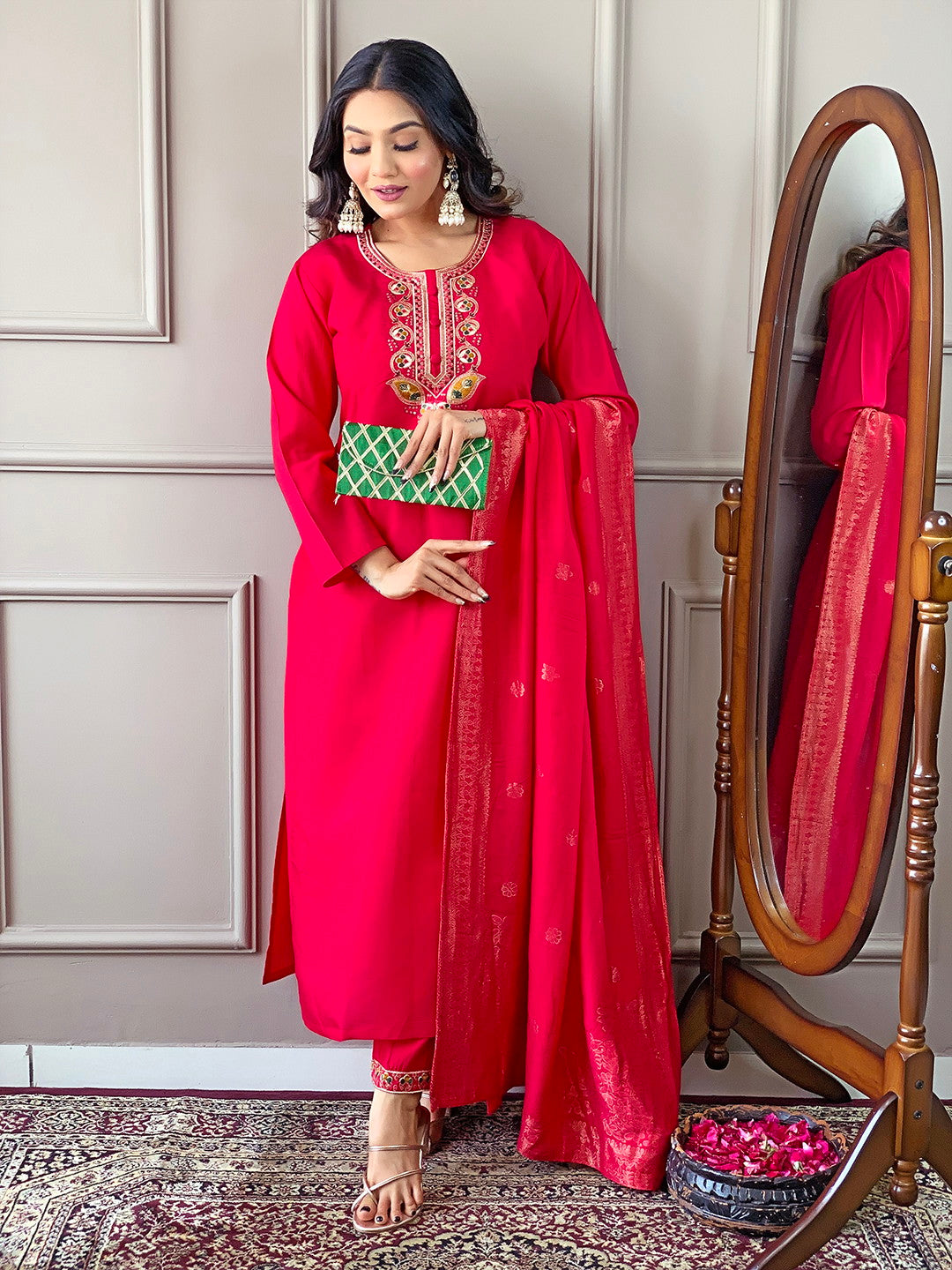 Beautiful Pink Viscose Chanderi Kurta Set with Bottom Wear and Dupatta