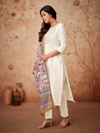 Women Embroidered Straight Kurta with Pants & Dupatta in White Color