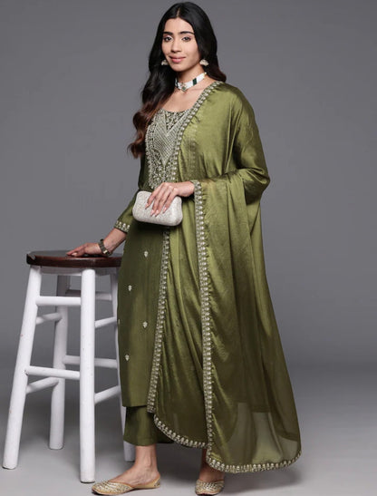 Mehndi Color Embroidered Women wear Kurta set with bottom wear and dupatta