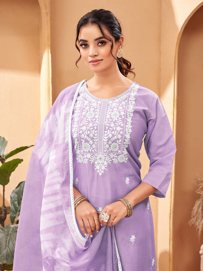 Beautiful and Simple Lavender colour Embroidered Kurta set With Bottom and Dupatta