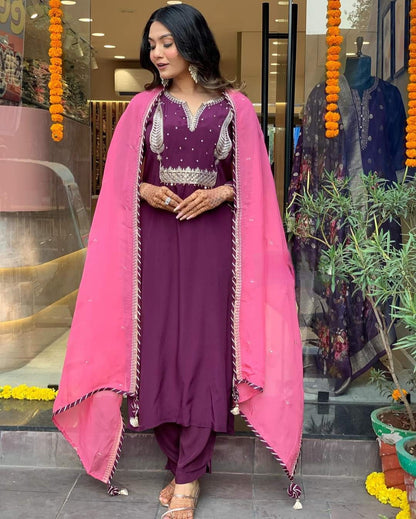 Women's Beautiful Wine Colour Kurta With Pant And Dupatta