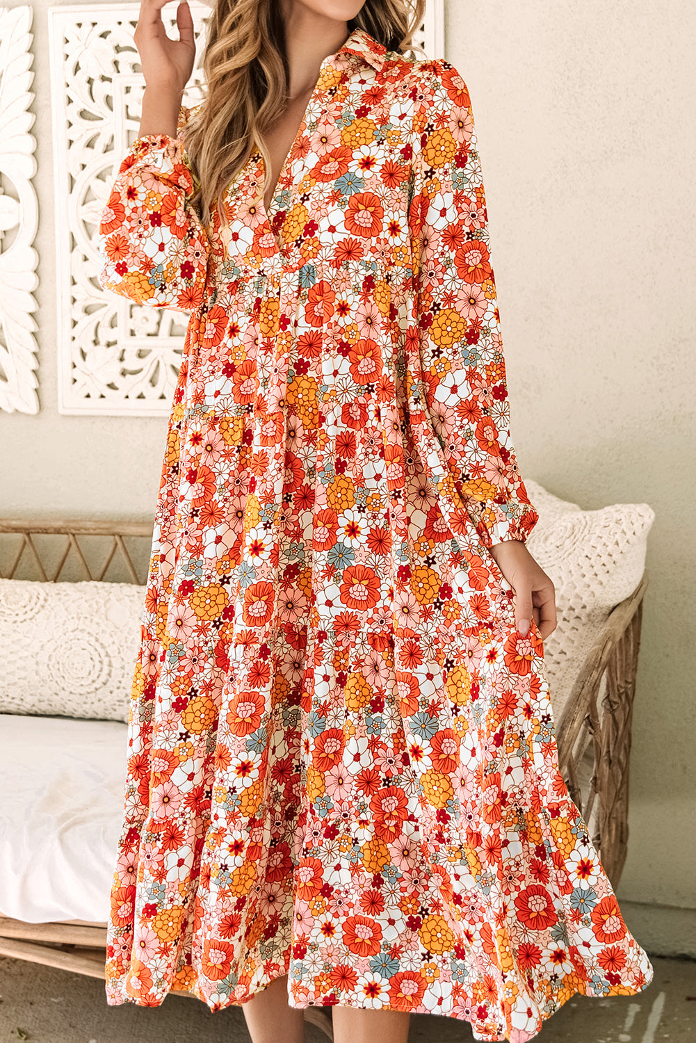 Multicolor Boho Floral Collared Long Sleeve Ruffled Dress