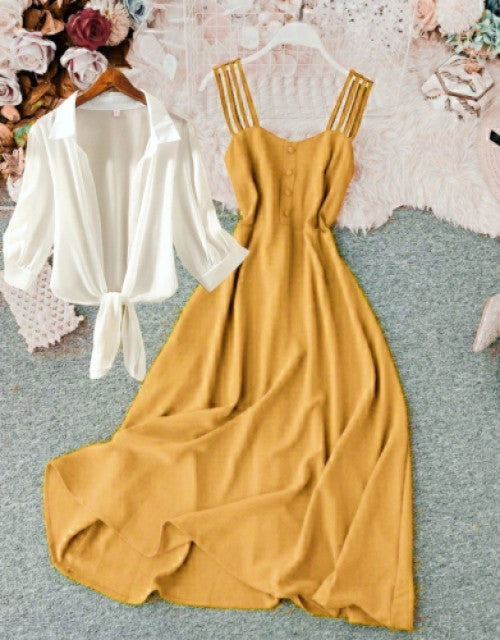 Beautiful Summer Season One Piece Dress - Mustard