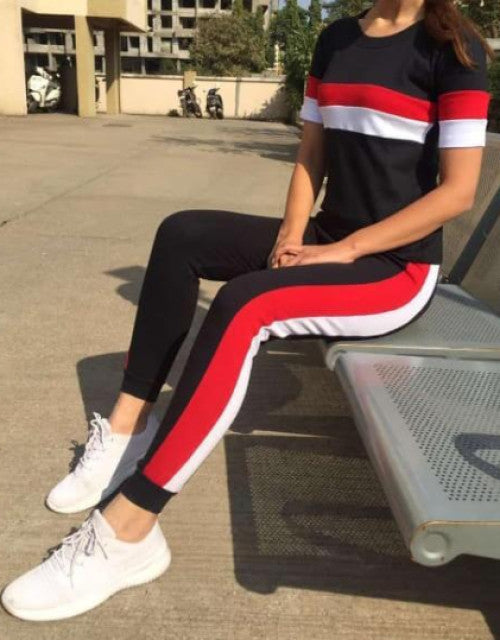 WOMEN'S COTTON LYCRA PRINTED,STRIPED TRACKSUIT