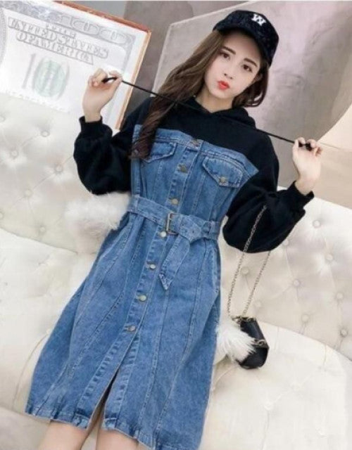 WOMEN'S DENIM SOLID HOODED SHORT DRESS