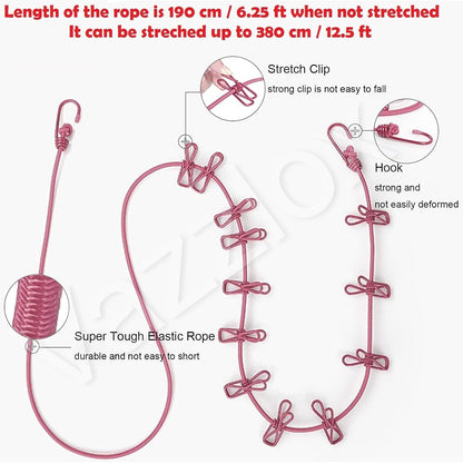 Portable Multi Functional Drying Rope with 12 Clips and 2 Hooks/ (Pack of 2) Assorted